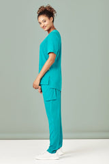 Women's teal Avery scrub pant with a tapered leg, multiple pockets, and moisture-wicking fabric, size XXS by Biz Collection.