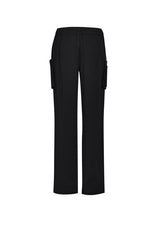 Women's black scrub pants with straight leg, multi-cargo pockets, and roll-up feature for versatility, size small.