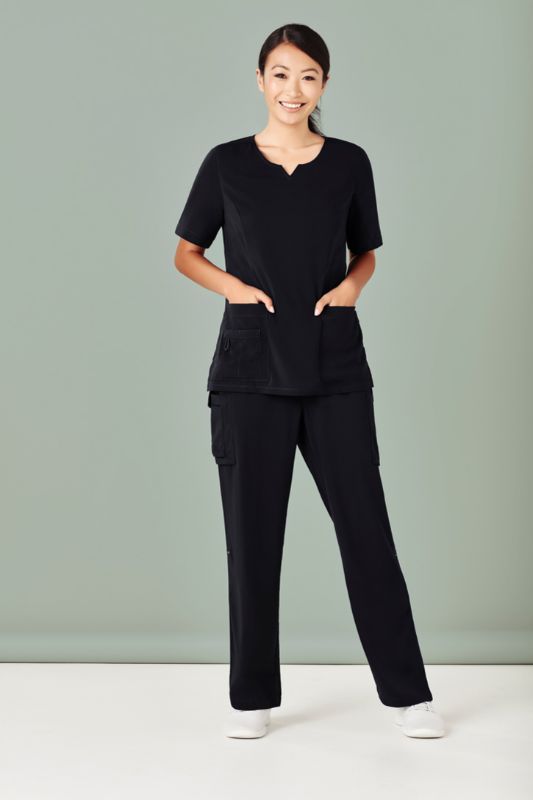 Stylish black scrub pants with multi pockets and a straight leg fit, designed for comfort and functionality in healthcare.