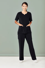 Black women's 2XL scrub pants with multi pockets, roll-up option, and straight leg design for healthcare professionals.