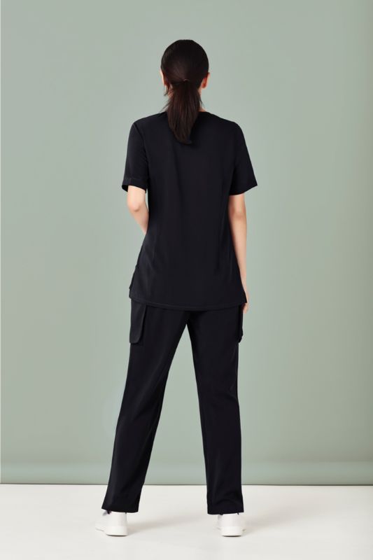 Women's black scrub pants with multiple cargo pockets, straight leg design, and roll-up option for comfort and utility (Size 2XL).