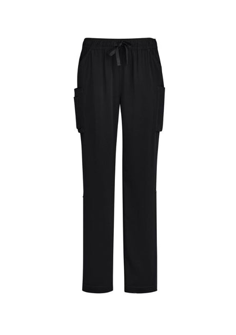 Womens black scrub pants with multi pockets and roll-up leg option, designed for comfort and practicality in healthcare settings.