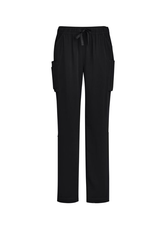 Womens black scrub pants with straight leg, cargo pockets, and roll-up option for versatility, designed for comfort and durability.