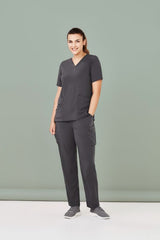 Women's charcoal scrub pants with multiple cargo pockets and roll-up leg option for comfort and practicality. Size S.