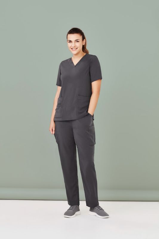 Women’s charcoal scrub pants in size 2XL with straight leg, multi cargo pockets, and roll-up option for wet areas.