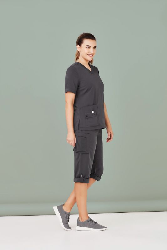 Women's charcoal scrub pant with multiple cargo pockets and roll-up leg option, perfect for healthcare professionals.