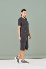 Charcoal women's scrub pants in 4XL with multiple pockets and roll-up leg feature for comfort and practicality.