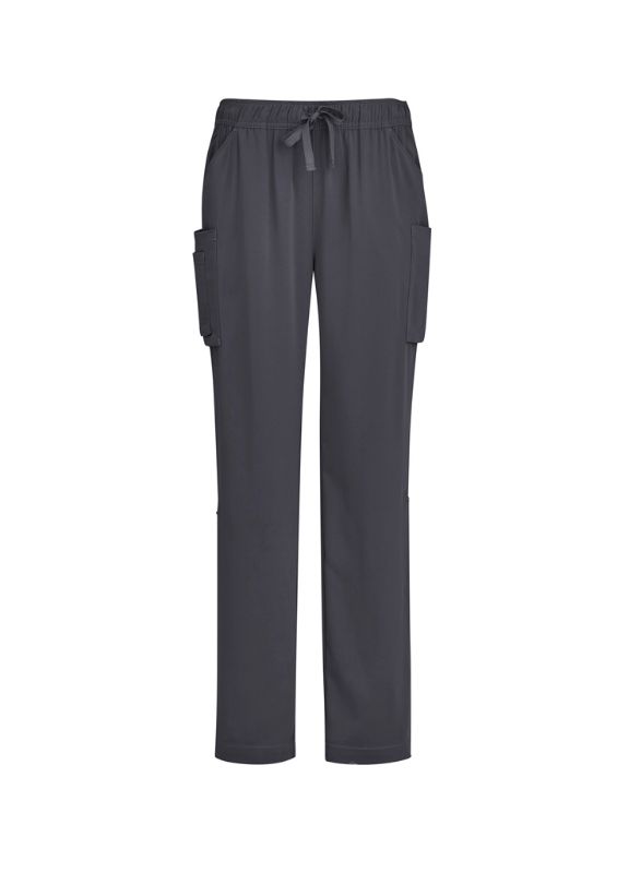 Women's charcoal scrub pants with multiple cargo pockets and breathable fabric, featuring a roll-up leg option for flexibility.