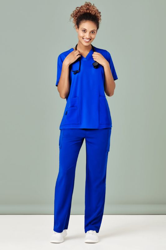 Electric Blue women's scrub pants with straight leg fit, multi cargo pockets, and roll-up option for versatile, functional wear.