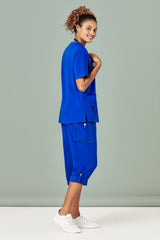 Electric Blue women's straight leg scrub pants with multiple cargo pockets and roll-up option for comfort and style.