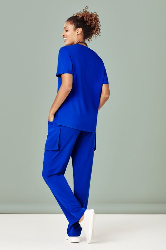 Electric Blue women's scrub pants featuring a straight leg fit, multiple cargo pockets, and a roll-up leg option for added practicality.