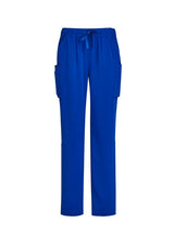 Women's Electric Blue scrub pants with straight leg fit, multi cargo pockets, and roll-up option for healthcare professionals.