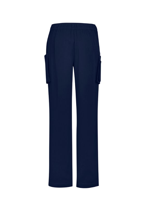 Navy women's scrub pants with straight leg design, multi cargo pockets, and moisture-wicking fabric for comfort and functionality.