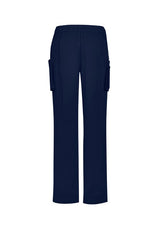 Women's navy scrub pants in 2XL with multiple cargo pockets, breathable fabric, and adjustable roll-up legs for comfort.