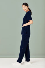 Navy straight leg scrub pants with multi-functional pockets, moisture-wicking fabric, and roll-up leg option for versatility.