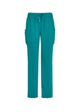 Teal women's scrub pants with straight leg design, multi-pocket storage, and roll-up option for versatility and comfort.