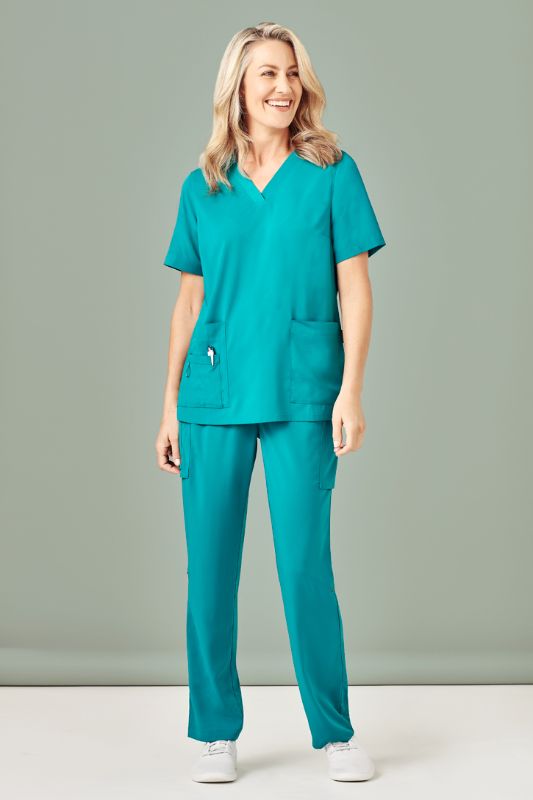 Teal women's scrub pants with multi pockets, straight leg design, and roll-up option for versatility in healthcare settings.