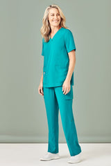 Teal women's scrub pants with straight leg design, multi-cargo pockets, and roll-up option for wet areas, size small.