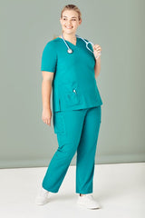 Teal women's scrub pants with straight leg design, multi pockets, roll-up option, and easy-care fabric for health professionals.