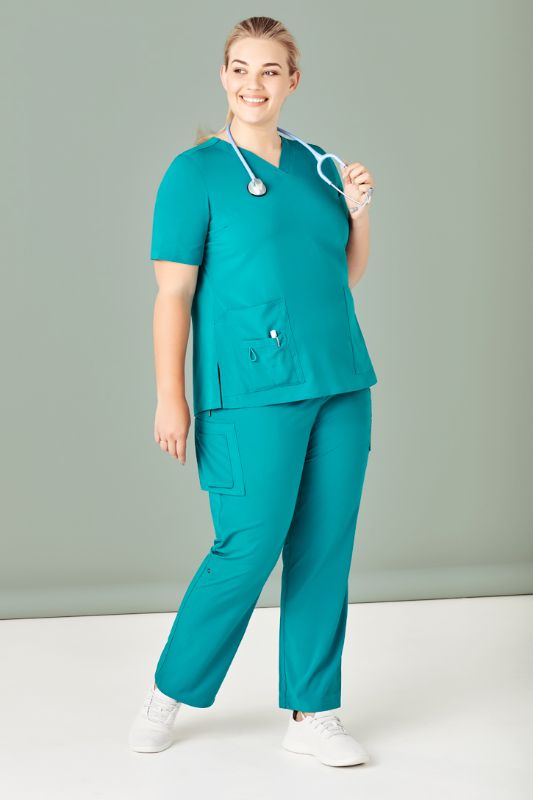 Teal women's 5XL scrub pants with multiple cargo pockets, straight leg design, and roll-up option for versatility.