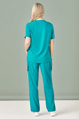 Teal women's scrub pants with straight leg design, multi-pockets, and a roll-up option for versatility and comfort.