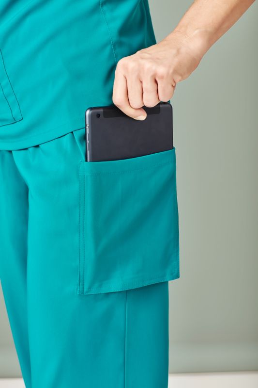 Teal women's straight leg scrub pants with multi pockets, roll-up option, and comfortable wicking fabric in size small.