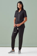 Women's Riley V-Neck Scrub Top in Black, XS size; breathable fabric, elegant design, and antibacterial stretch side panels for comfort.