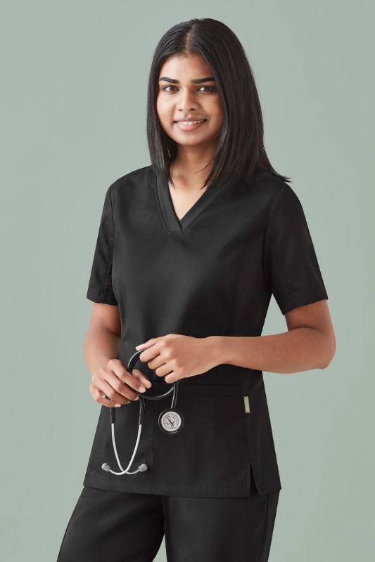 Women's black Riley V-Neck scrub top, XXS, featuring antibacterial stretch panels for comfort and breathability in healthcare settings.