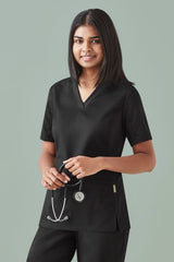 Women's Riley V-Neck Scrub Top in black, size 3XL, featuring breathable cotton-rich fabric and antibacterial stretch side panels.