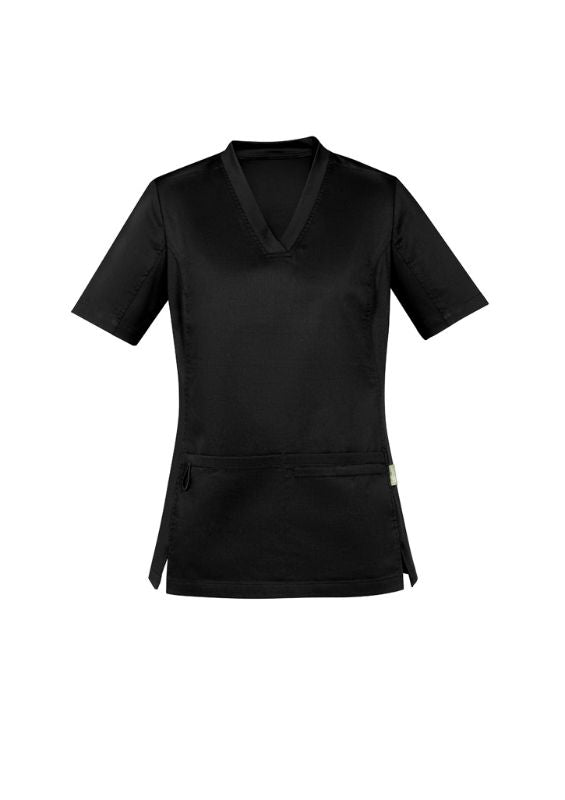 Women's Riley V-Neck Scrub Top in black, size 3XL, features breathable fabric and antibacterial stretch side panels for comfort.