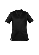 Women's Riley V-Neck Scrub Top in black, size 3XL, features breathable fabric and antibacterial stretch side panels for comfort.