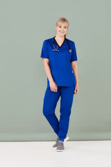 Electric Blue XXS Women's Riley V-Neck Scrub Top, featuring breathable fabric and antibacterial stretch side panels for comfort.