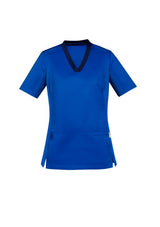 Women's Electric Blue V-Neck Scrub Top in XL featuring soft fabric, antibacterial panels, and comfortable fit for healthcare professionals.