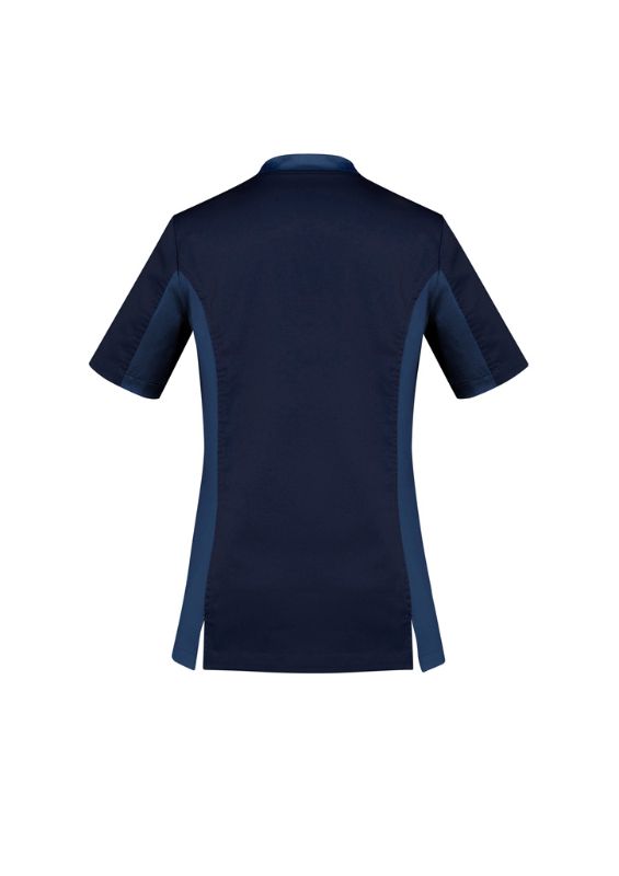 Women's navy V-neck scrub top in 3XL, featuring breathable fabric and antibacterial stretch side panels for comfort and mobility.