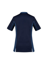 Women's navy V-neck scrub top in 3XL, featuring breathable fabric and antibacterial stretch side panels for comfort and mobility.