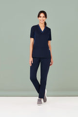 Women's Navy V-Neck Scrub Top in XL, featuring antibacterial stretch panels for comfort and breathability in healthcare settings.