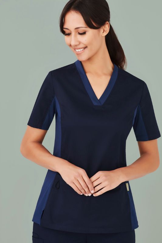 Navy Women's Riley V-Neck Scrub Top in size 2XL, featuring breathable fabric and antibacterial stretch side panels for comfort.