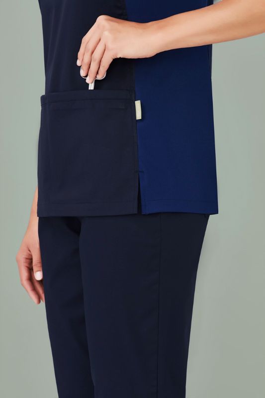 Womens Riley V-Neck Scrub Top in Navy, size 3XL, featuring breathable fabric and antibacterial stretch side panels for comfort.