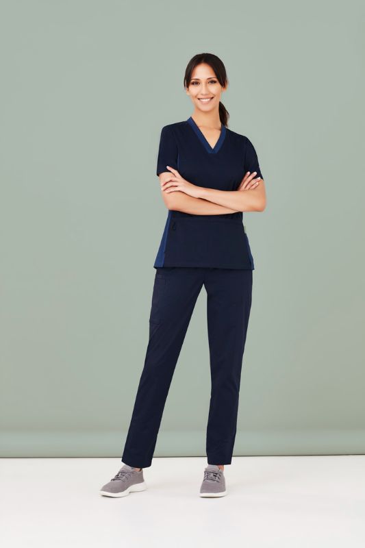 Women's Navy V-Neck Scrub Top in XS, featuring breathable fabric and antibacterial side panels for comfort and movement.
