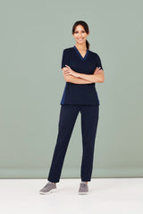 Women's Navy V-Neck Scrub Top in XS, featuring breathable fabric and antibacterial side panels for comfort and movement.
