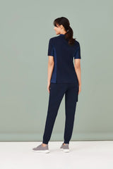 Women's Navy V-Neck Scrub Top in size 2XL, featuring breathable fabric and antibacterial stretch side panels for comfort.