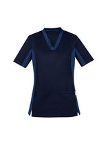 Women's Navy Riley V-Neck Scrub Top in size XS, featuring breathable fabric and antibacterial stretch side panels for comfort.