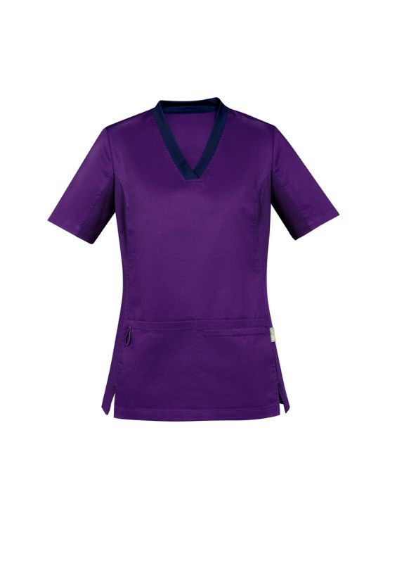Purple Women's Riley V-Neck Scrub Top in Size XXS, featuring breathable cotton blend fabric and antibacterial stretch side panels.