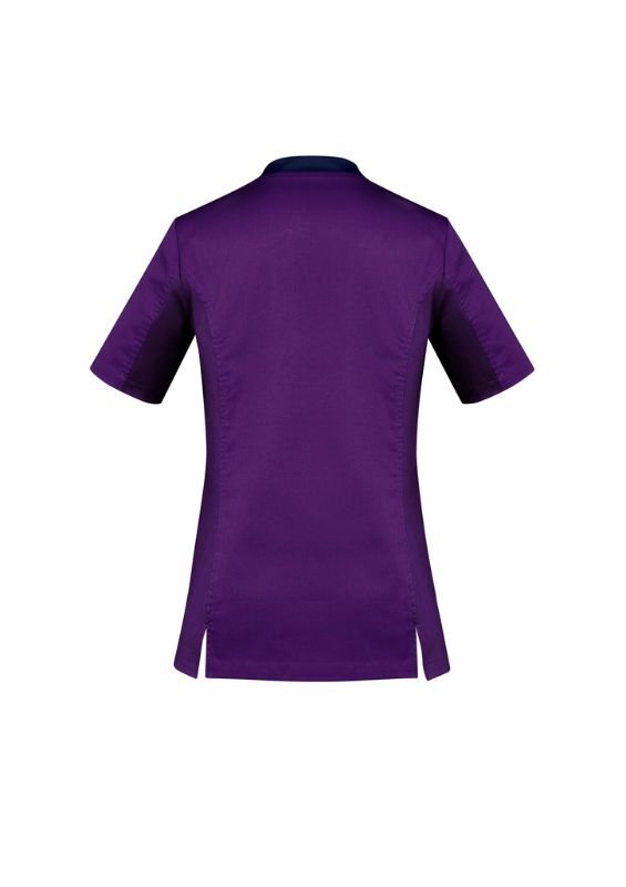 Women's Riley V-Neck Scrub Top in vibrant purple, size XXS, featuring breathable cotton blend and antibacterial stretch side panels.