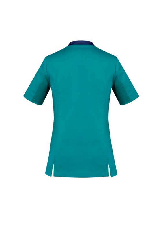 Teal V-neck scrub top for women, size M, featuring breathable cotton fabric and antibacterial stretch side panels for comfort.