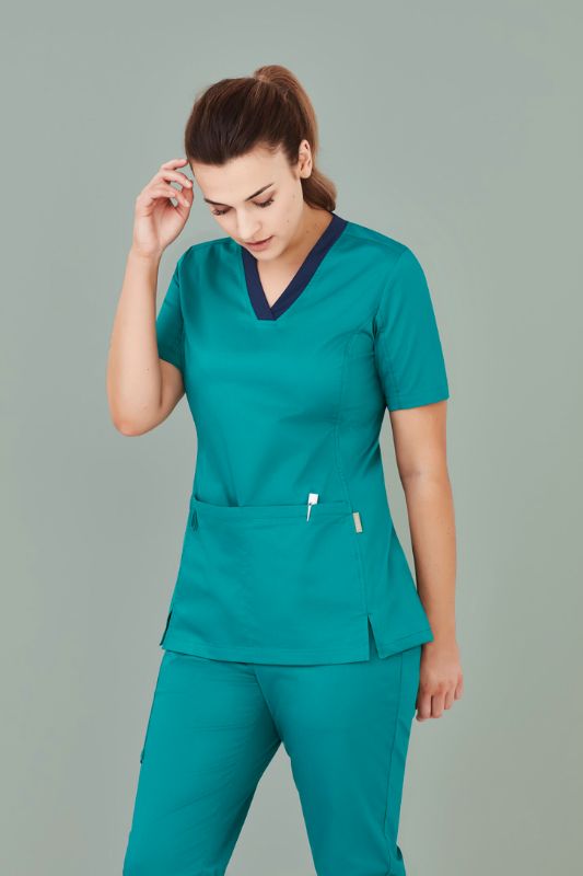 Teal V-neck scrub top (Size 2XL) with cotton-rich fabric and antibacterial stretch panels for comfort and style.