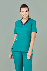 Teal Women's Riley V-Neck Scrub Top in Size L, featuring cotton-rich fabric and antibacterial stretch side panels for comfort.
