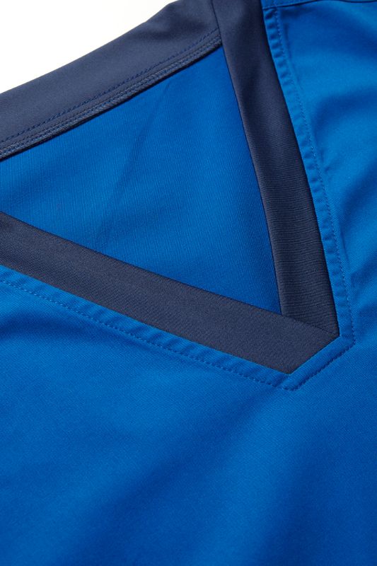 Men's electric blue V-neck scrub top featuring antibacterial stretch side panels for comfort and movement. Size XS, by Biz Collection.