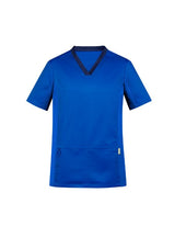 Men's Electric Blue V-Neck Scrub Top in XS with antibacterial stretch panels for comfort and style in healthcare settings.