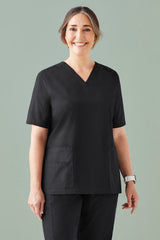 Women’s black Tokyo V-Neck Scrub Top in XXS, featuring antimicrobial fabric, multiple pockets, and a tailored fit for comfort.